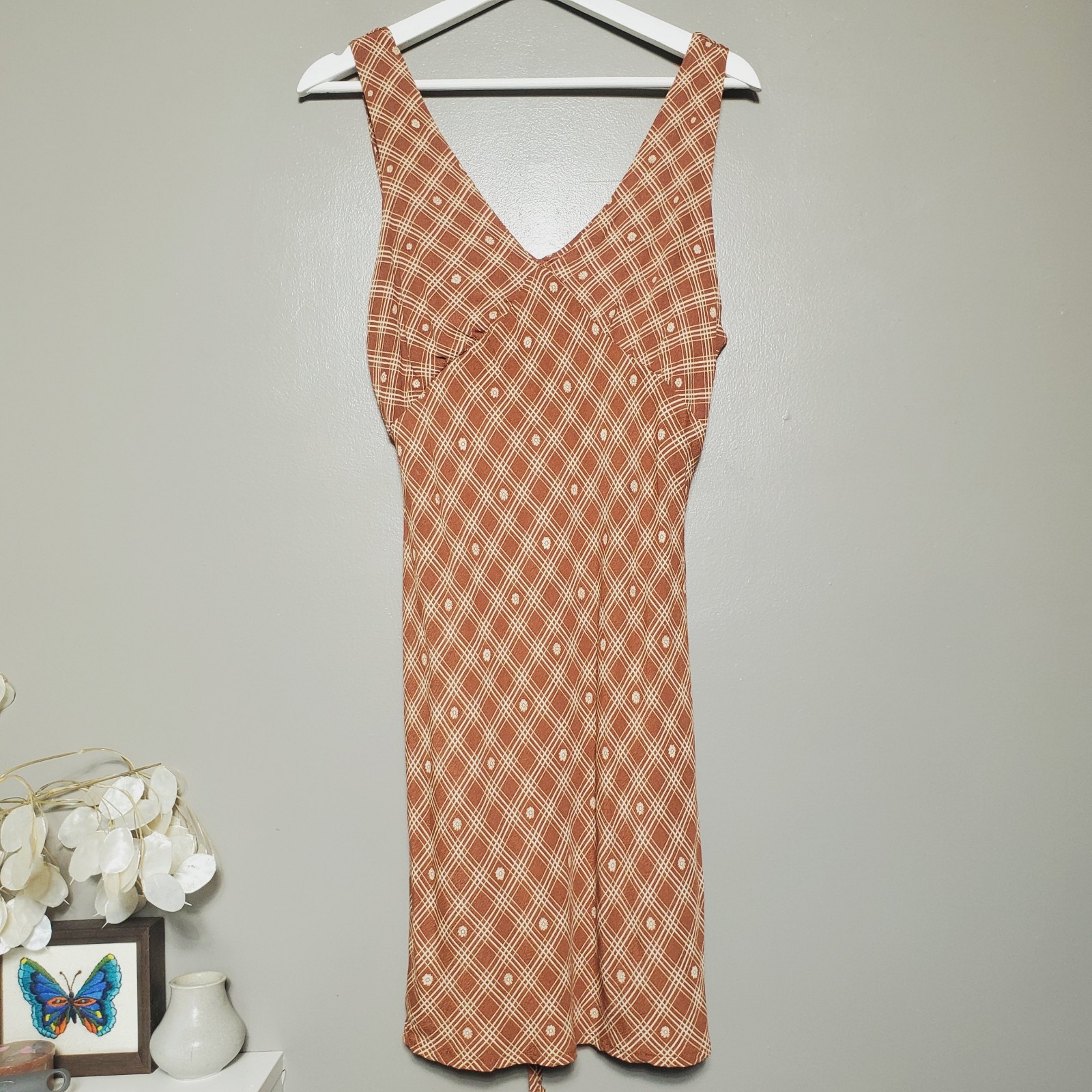 Wild Fable Mini Slip Dress Size Medium Brown Copper Check Sleeveless Ties 2022