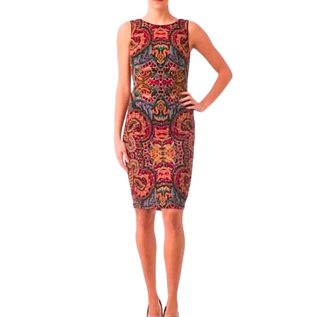 Joseph Ribkoff Jewel Tone Digital Print Jersey Dress Sz 8 Sequins Fitted Sheath