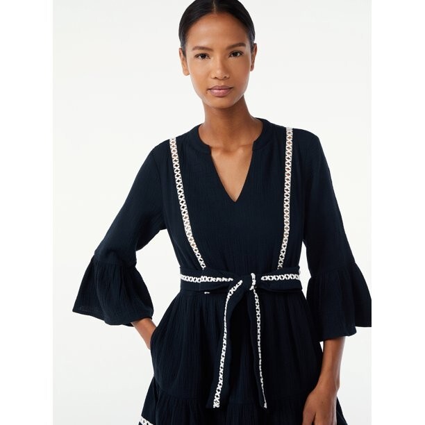 Scoop Dress Women Size S Black 3/4 Sleeve Lace Detail Tiered Mini –S1–