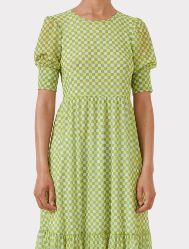 BAUM UND PFERDGARTEN Jocelyn Puff Sleeve Midi Tiered Mesh Green Check Sulphur XS