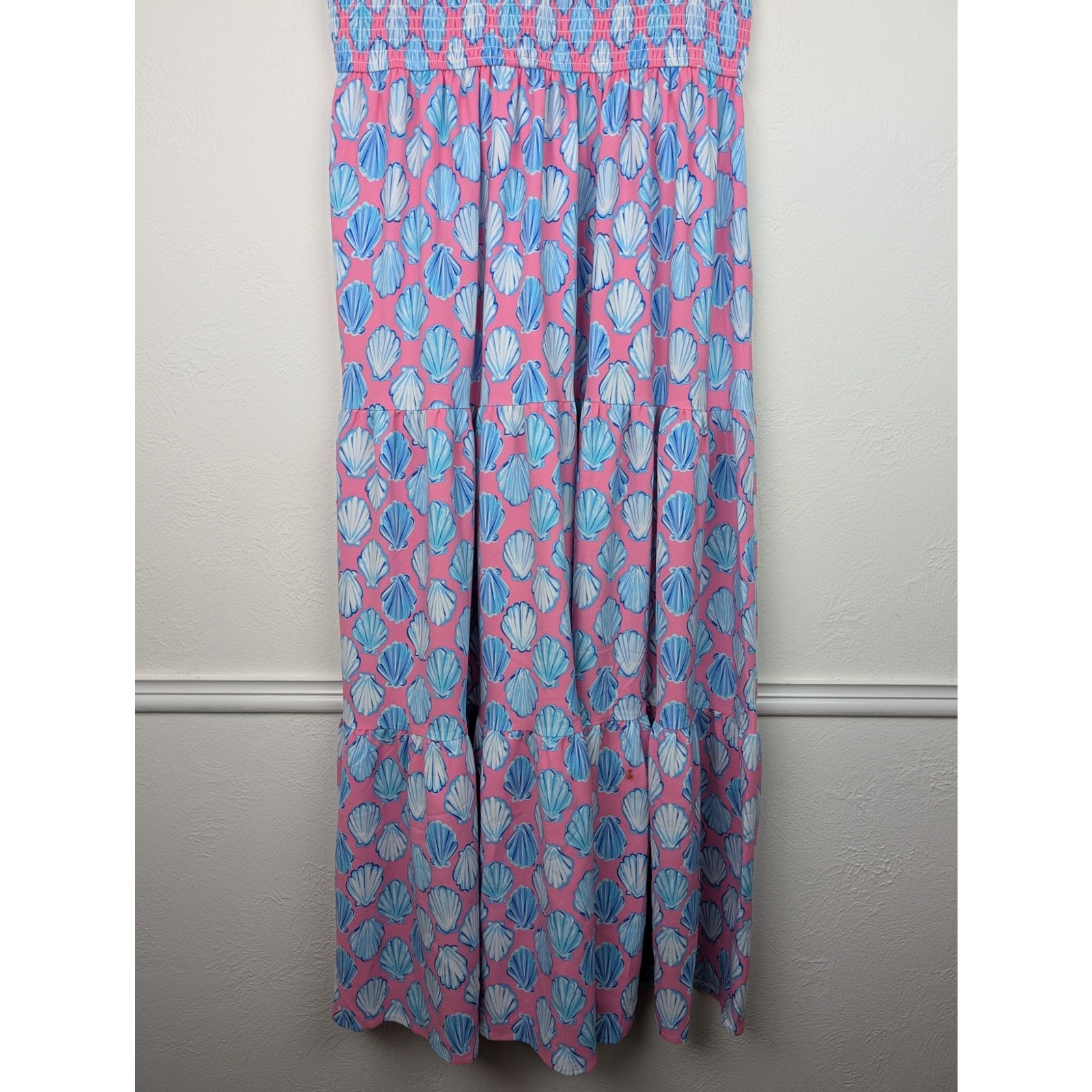 Simply Southern Dress Maxi Shell Novelty Tiered Preppy Beach Pink Blue Size L