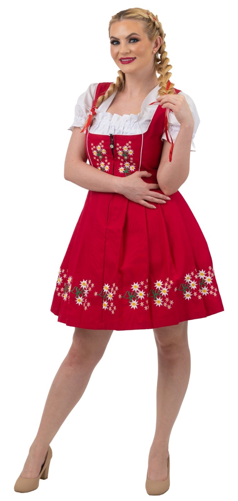 14 L Red German Dirndl Dress Short EMBROIDERED Oktoberfest COTTON 3 Pc SET