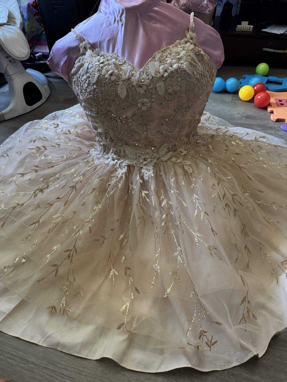 Dancing Queen Ivory/Gold Beaded Sequin Sweetheart Tulle A-Line Short Dress L