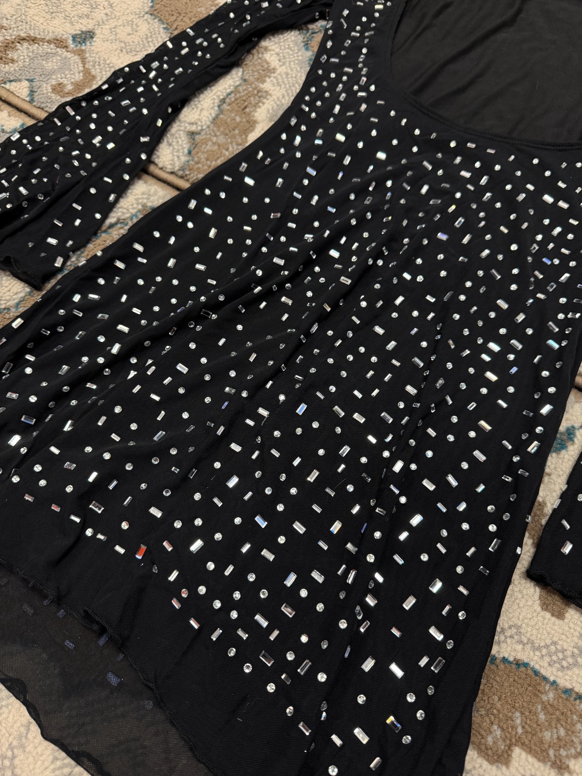 Women Jersey Midi Dress Black Mesh Crystal-Embellished Flared Sleeve Cutout Back