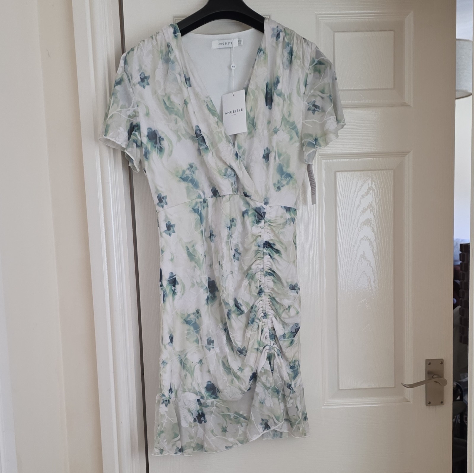 Angeleye White Blue Green Floral V-Neck Ruched Lined Mesh Midi Dress 12