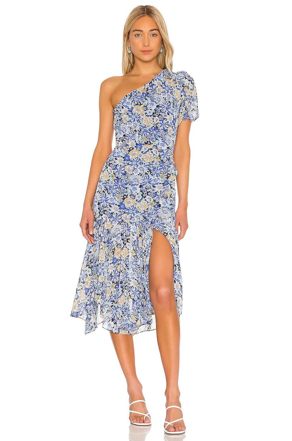 ASTR The Label Santorini Navy Blue Floral Midi Dress, One Shoulder, Size Large