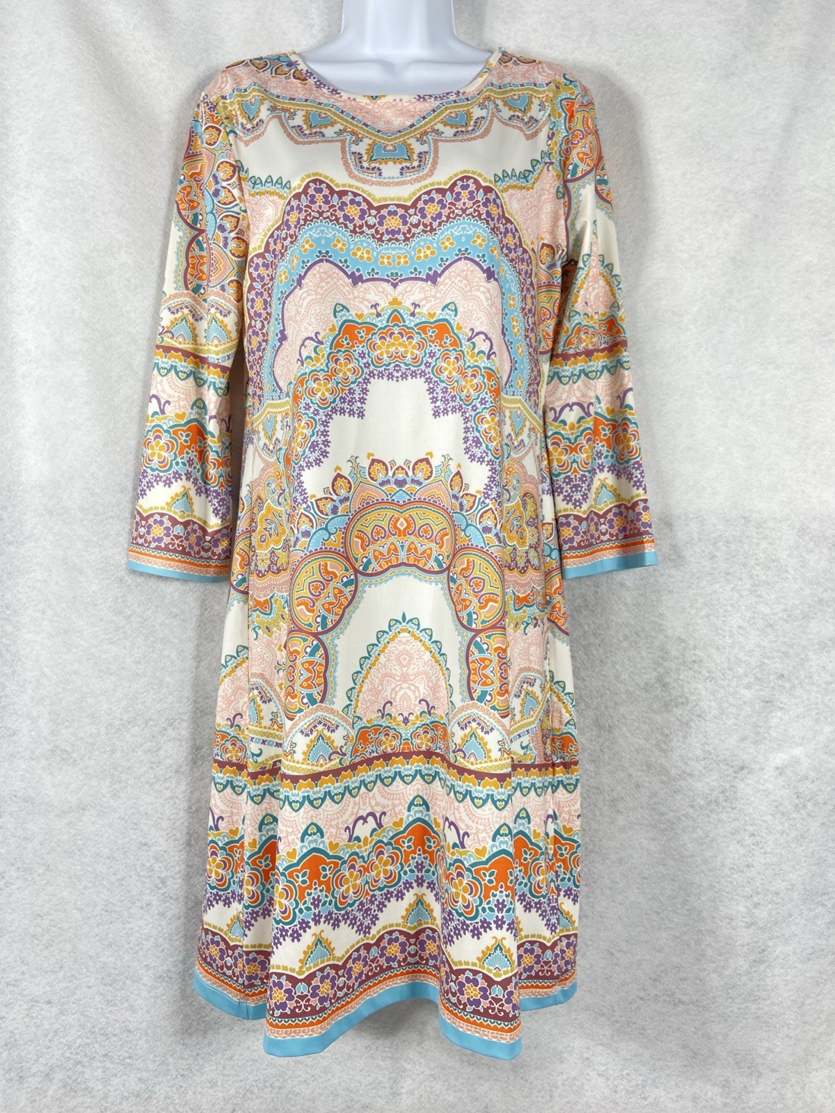 Jean Pierre Klifa Dress Womens Medium White Pink Shift Floral 3/4 Sleeves NWOT