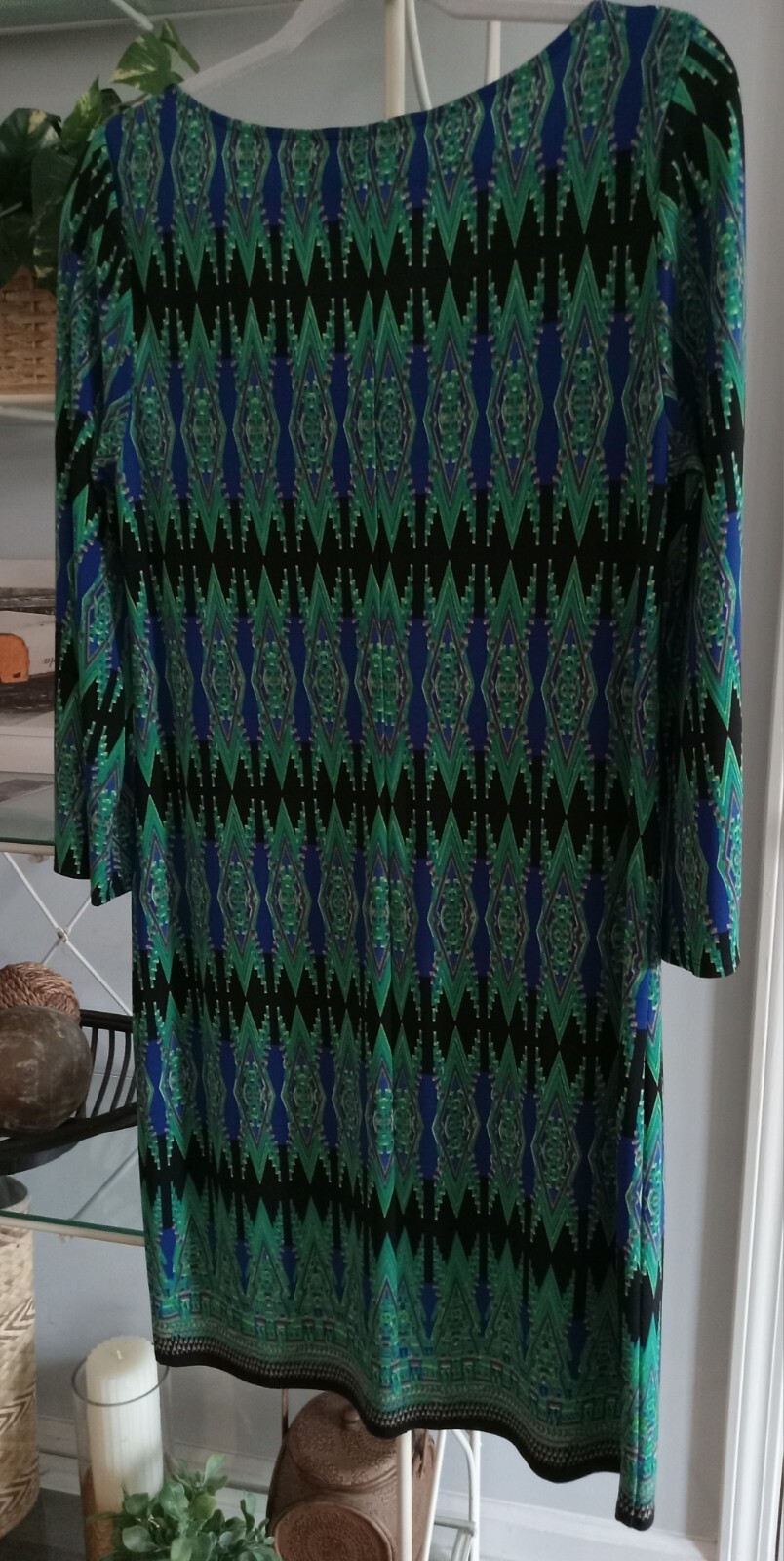 Laundry by Design Geometric Ikat Shift Dress Blue Green Sz 8 Mod Resort Vacation