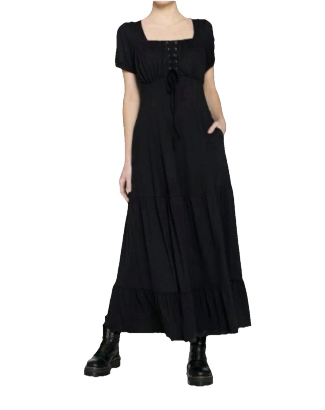 Hot Topic Black Empire Maxi Dress XL Pockets Goth Whimsigoth Lace Up Long VGC