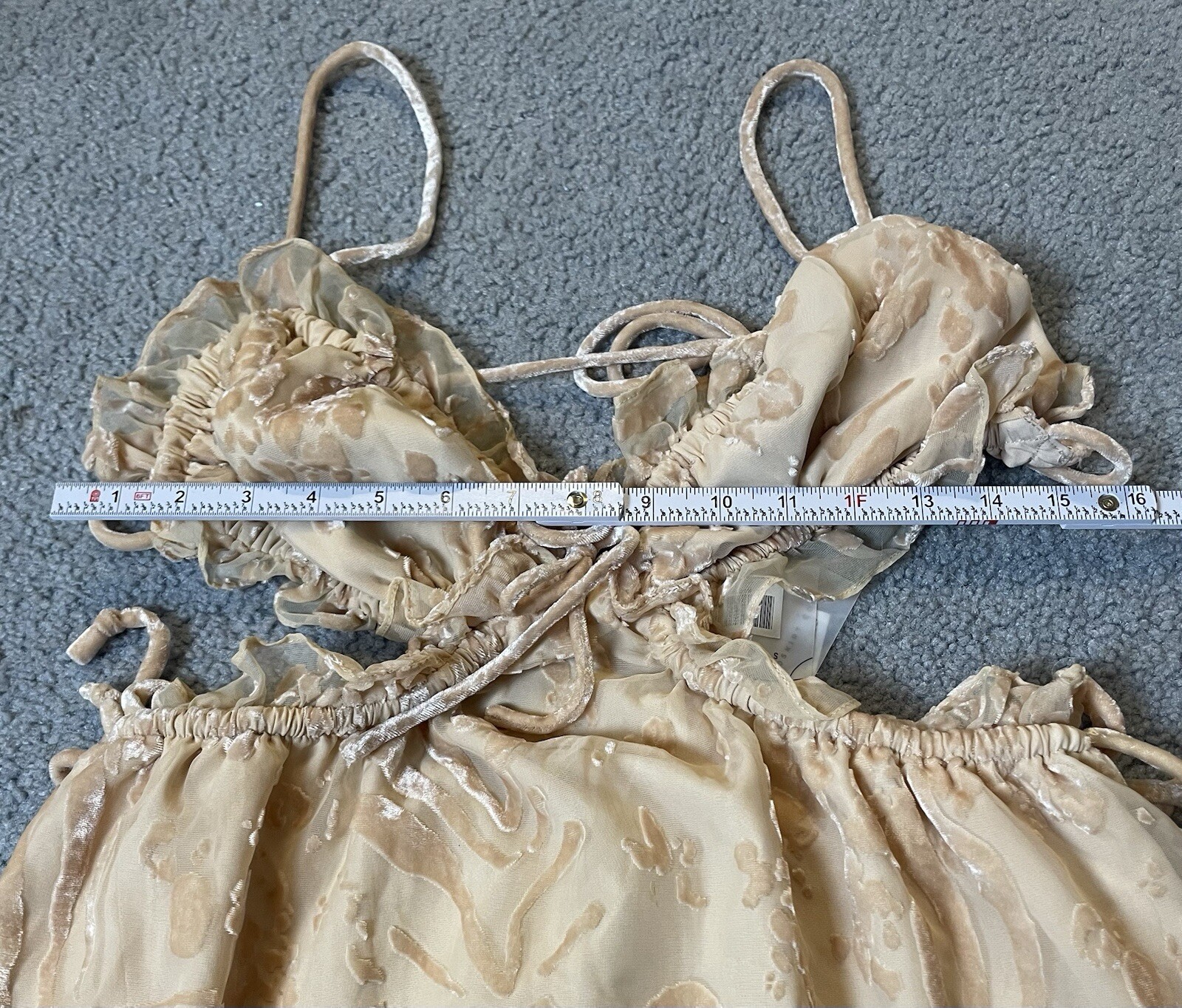Saboluxe Strappy Open Back Dress M Mini Beige Velvet Floral Mesh Cut Out Waist