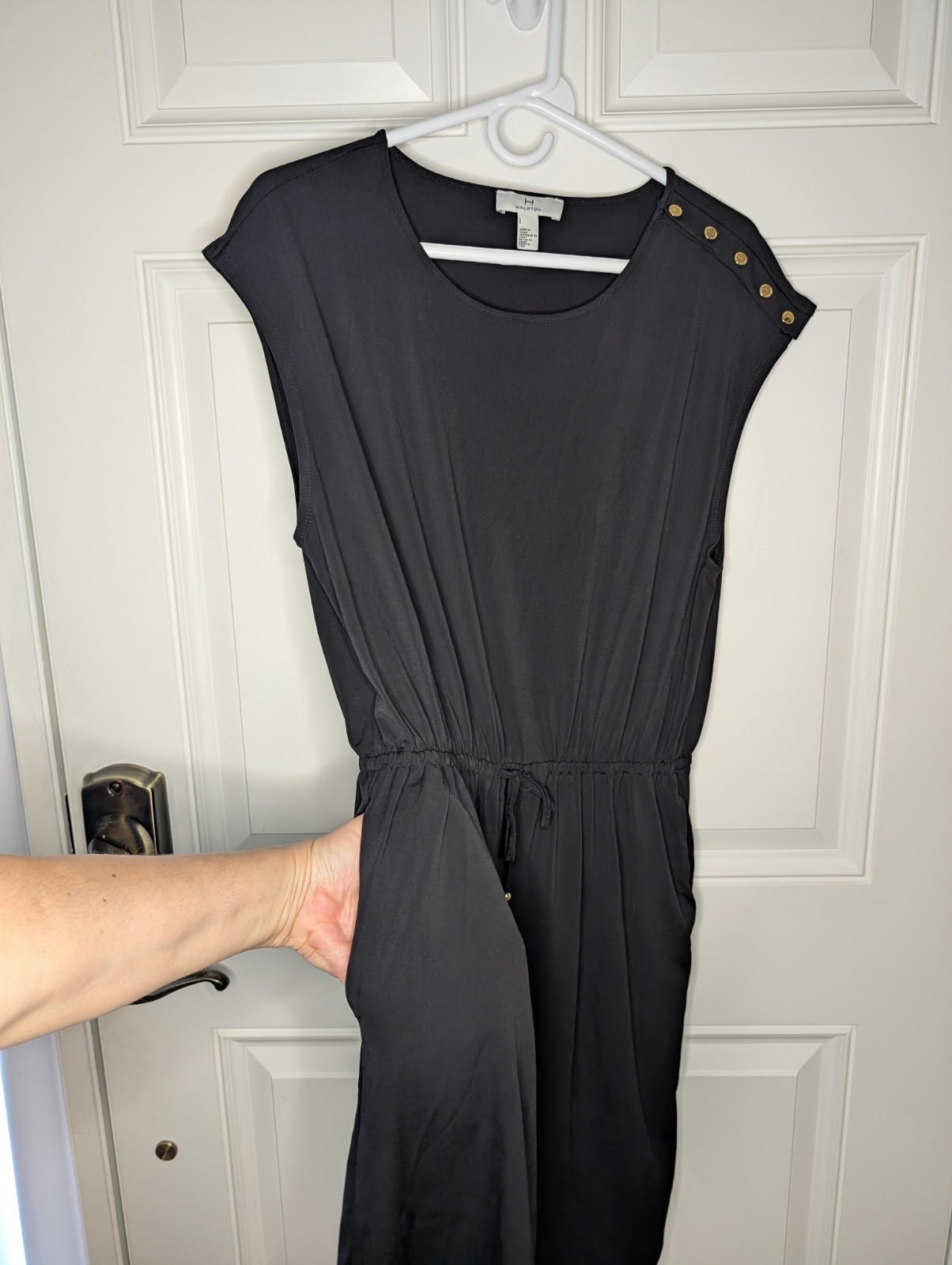 Halston Black Dress Size Large Cap Sleeve Gold Button Elastic Drawstring Waist
