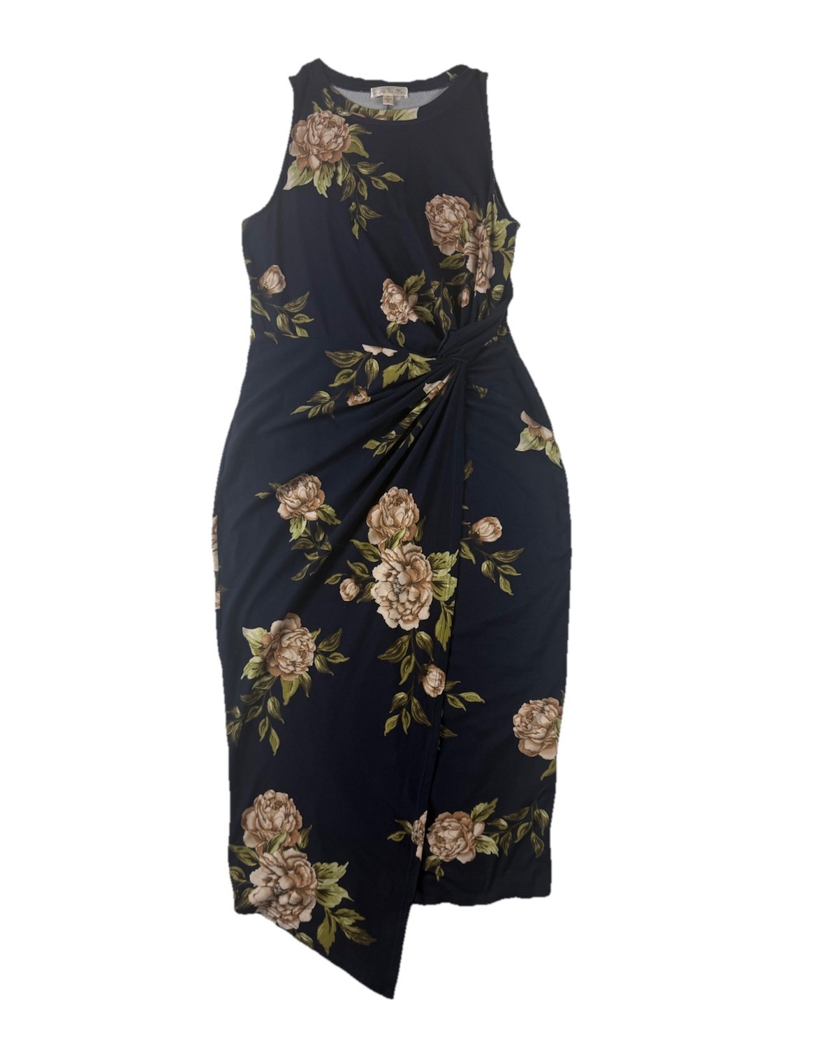 Nine Britton Dress Size Medium Navy With Buff Flowers Brushed Knit Midi Sheath