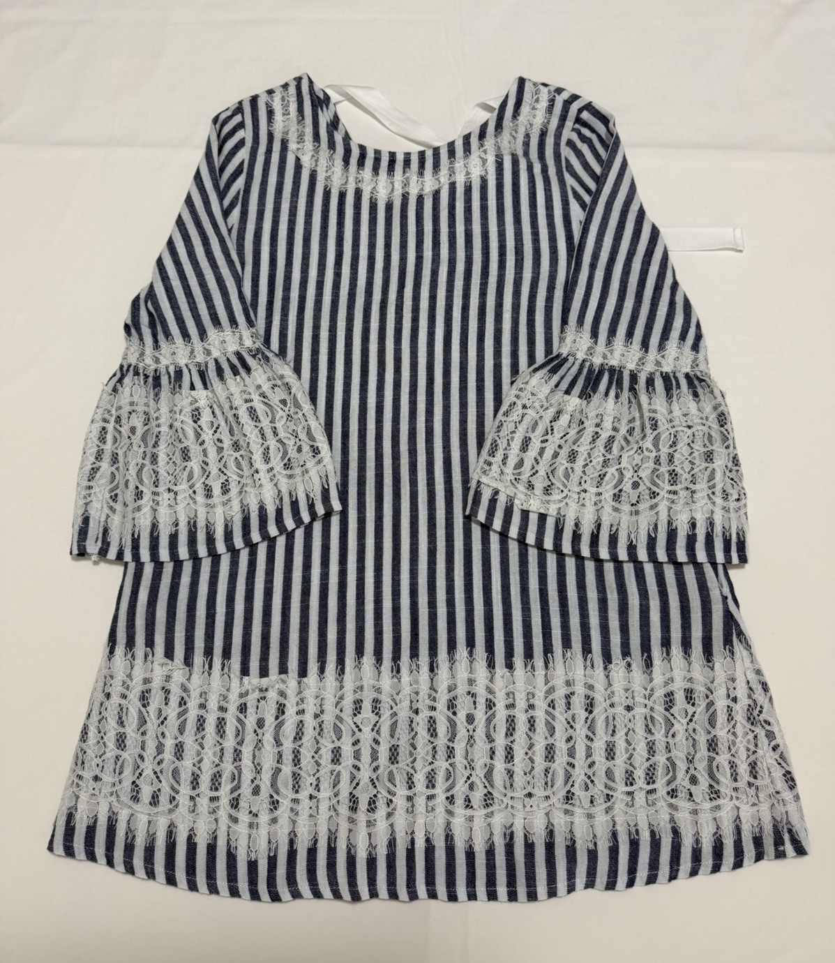 I Madeline Women Blue & White Striped Dress Lace Trim 3/4 Sleeve Size M Casual