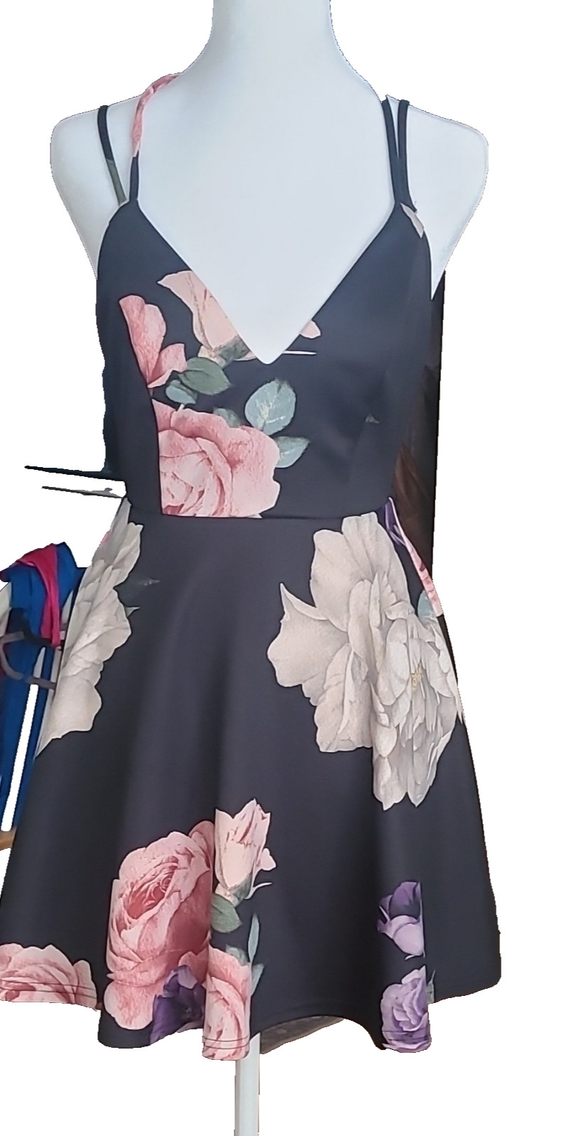 TRAC Fit & Flare Black Floral Satin V-Neck Open Back Zip Short Dress Size S