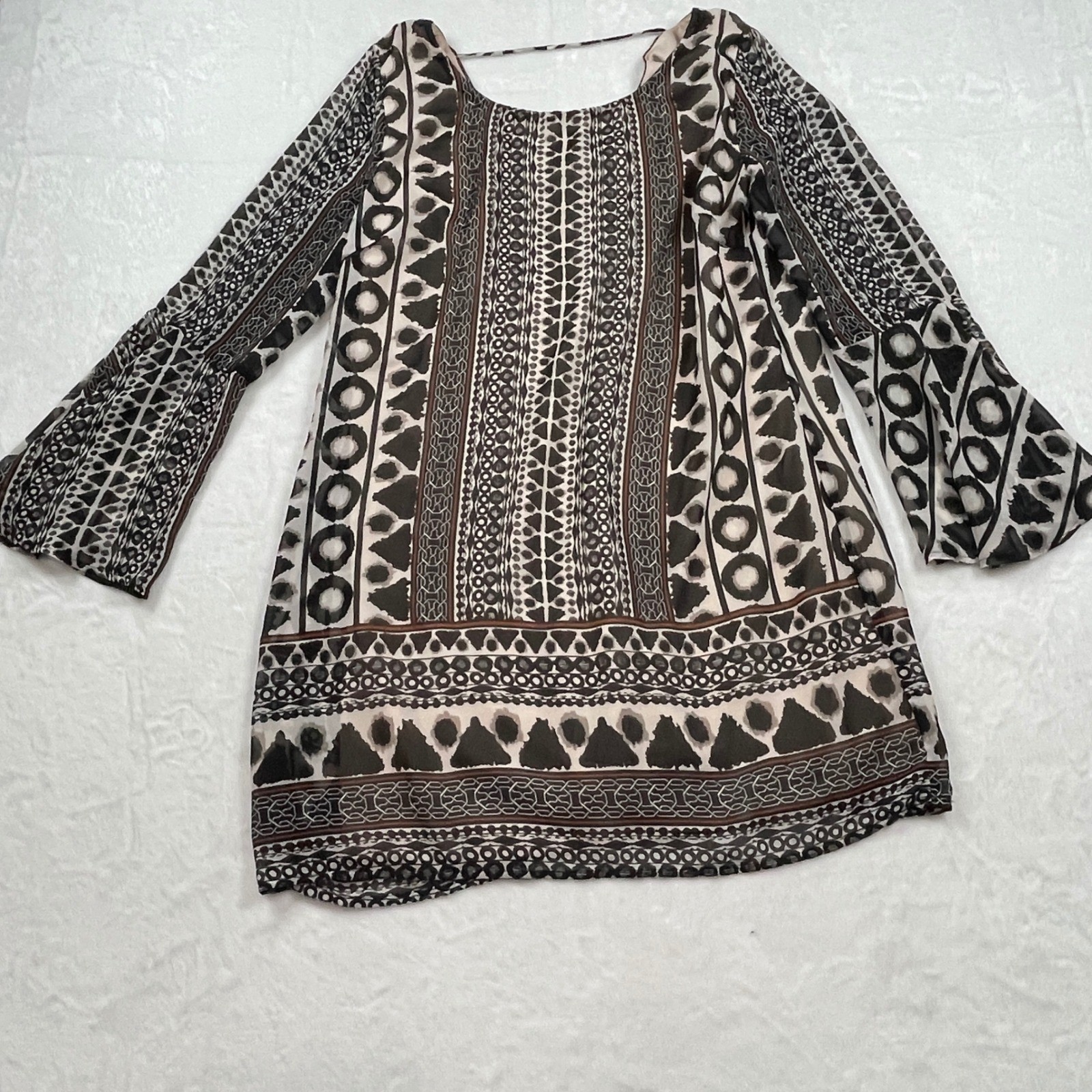 Pink Owl Womens Geometric Tribal Print Bell Sleeve Shift Dress Large Boho Flowy