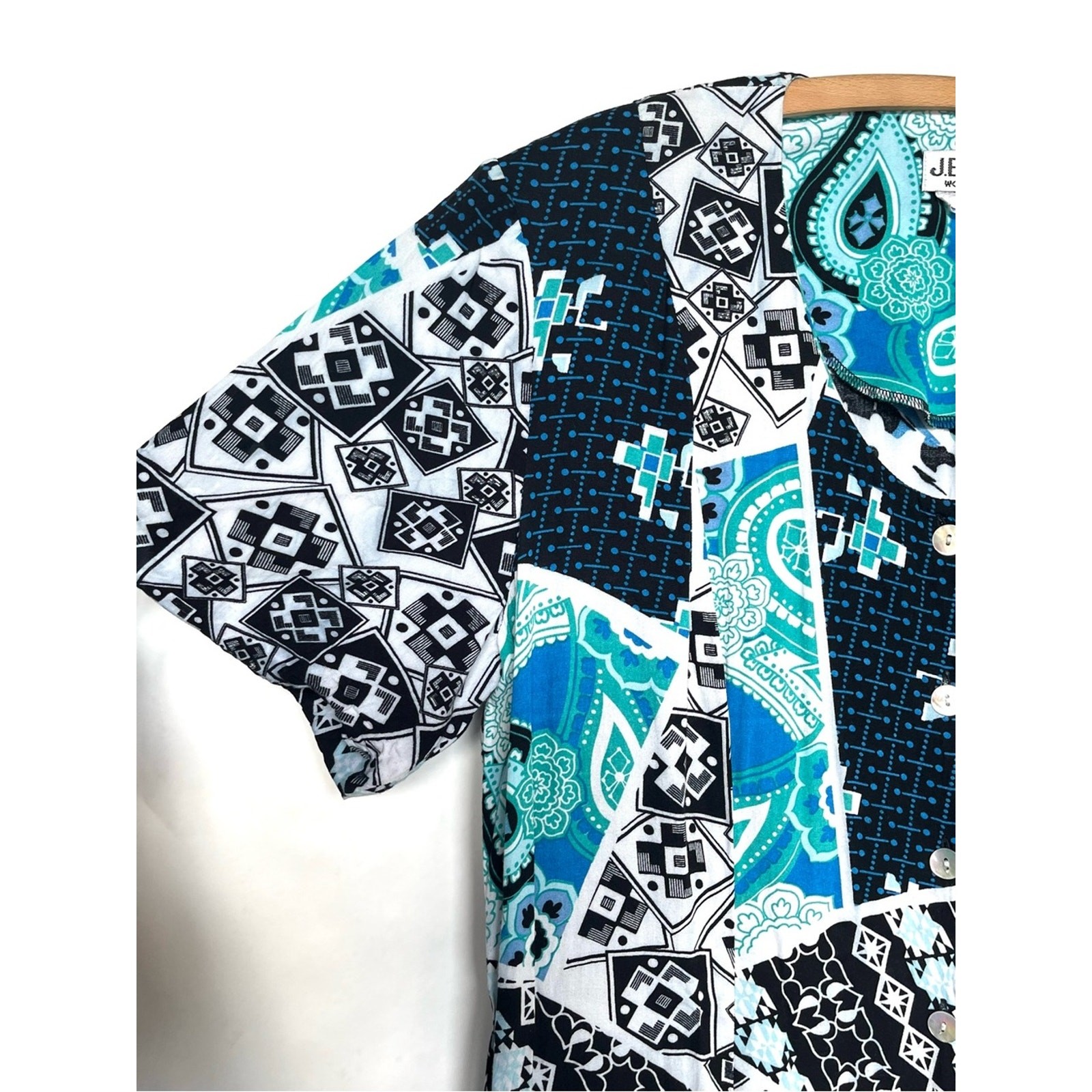 Vintage 90s Mixed Print Maxi Dress Size 1X Button Front Teal Black Paisley Soft