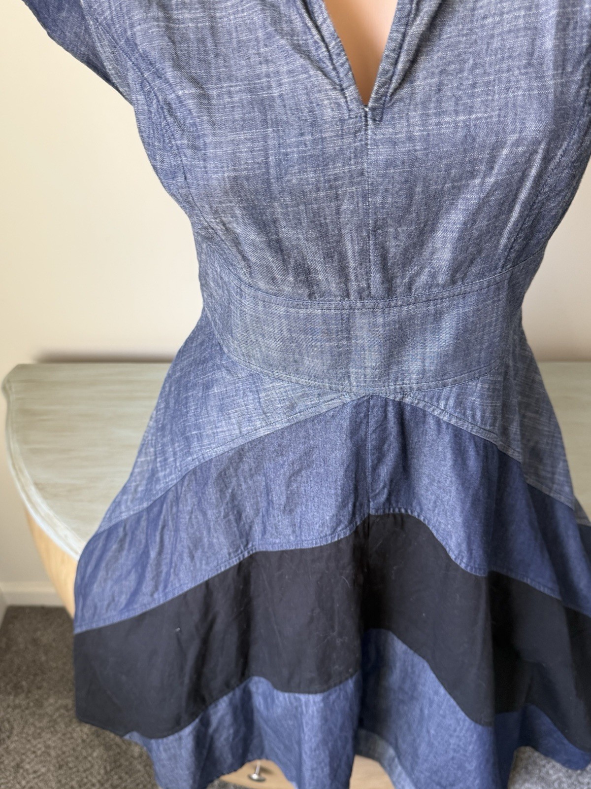 Chambray Dress Short Sleeve eShakti Artsy Boho Chevron Chic Cottage Blue Sz 8 M