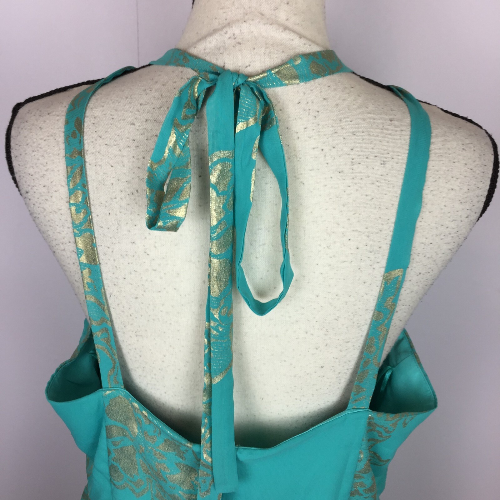 NWT Robbie Bee Evening Cocktail Halter A-Line Dress Sz 14 Woman Blue Gold Floral