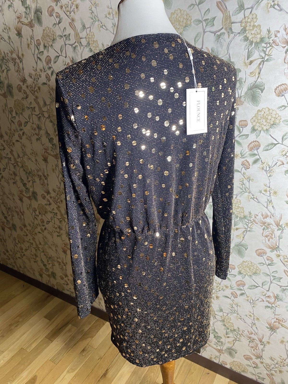 Flounce London Midi Black Gold Sequined Dress Size 10 Mini NWT