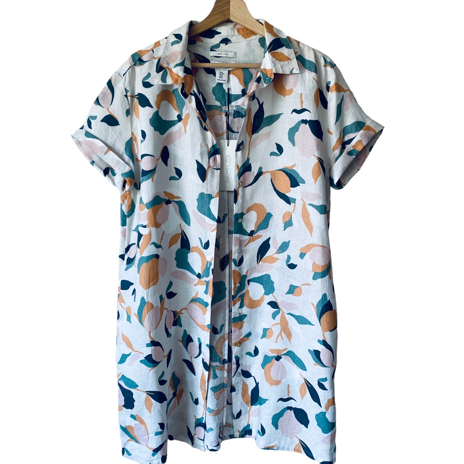Rachel Zoe Linen Floral Dress Tunic Top Button Front Relaxed Pocket Short Sleeve