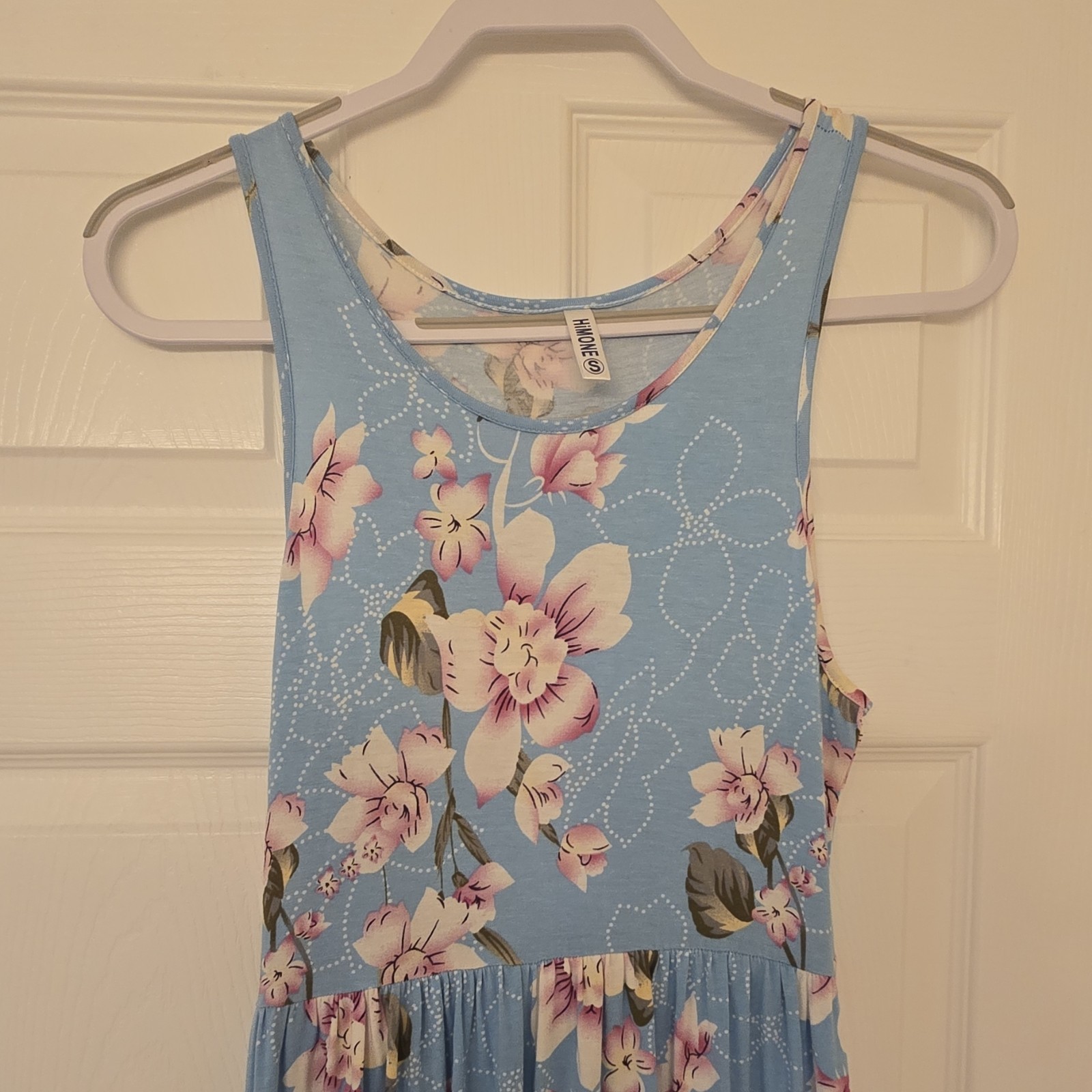 HIMONE S Blue Pink White Floral Knee Length Dress Sleeveless Pleated Round Neck