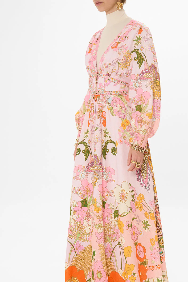 CAMILLA “Clever Clogs” Linen V-Neck Empire Waist Floral Smocked Maxi Dress, M