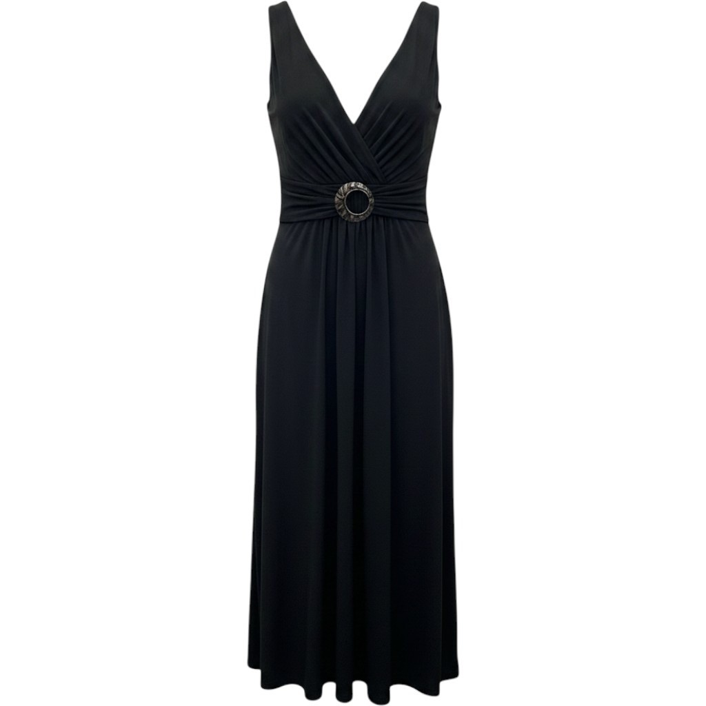Andre Oliver 10 Black Faux Wrap Midi Dress Luxury Cocktail Plunge Sexy Romantic