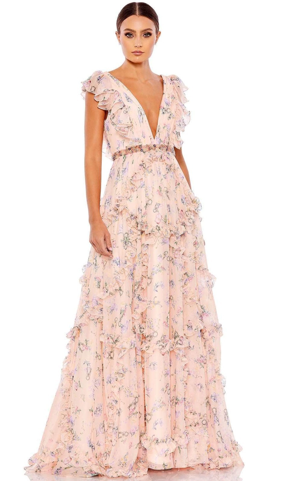 Mac Duggal Pink Peach Multi Floral Floral Ruffle Beaded Waist Gown Size 8 $498