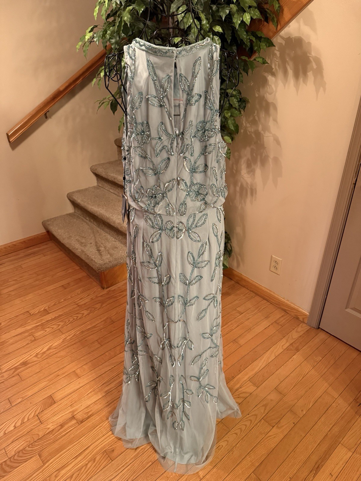Adrianna Papell Blouson Beaded Long Mermaid Gown Size 14 Aquadust NWT $199