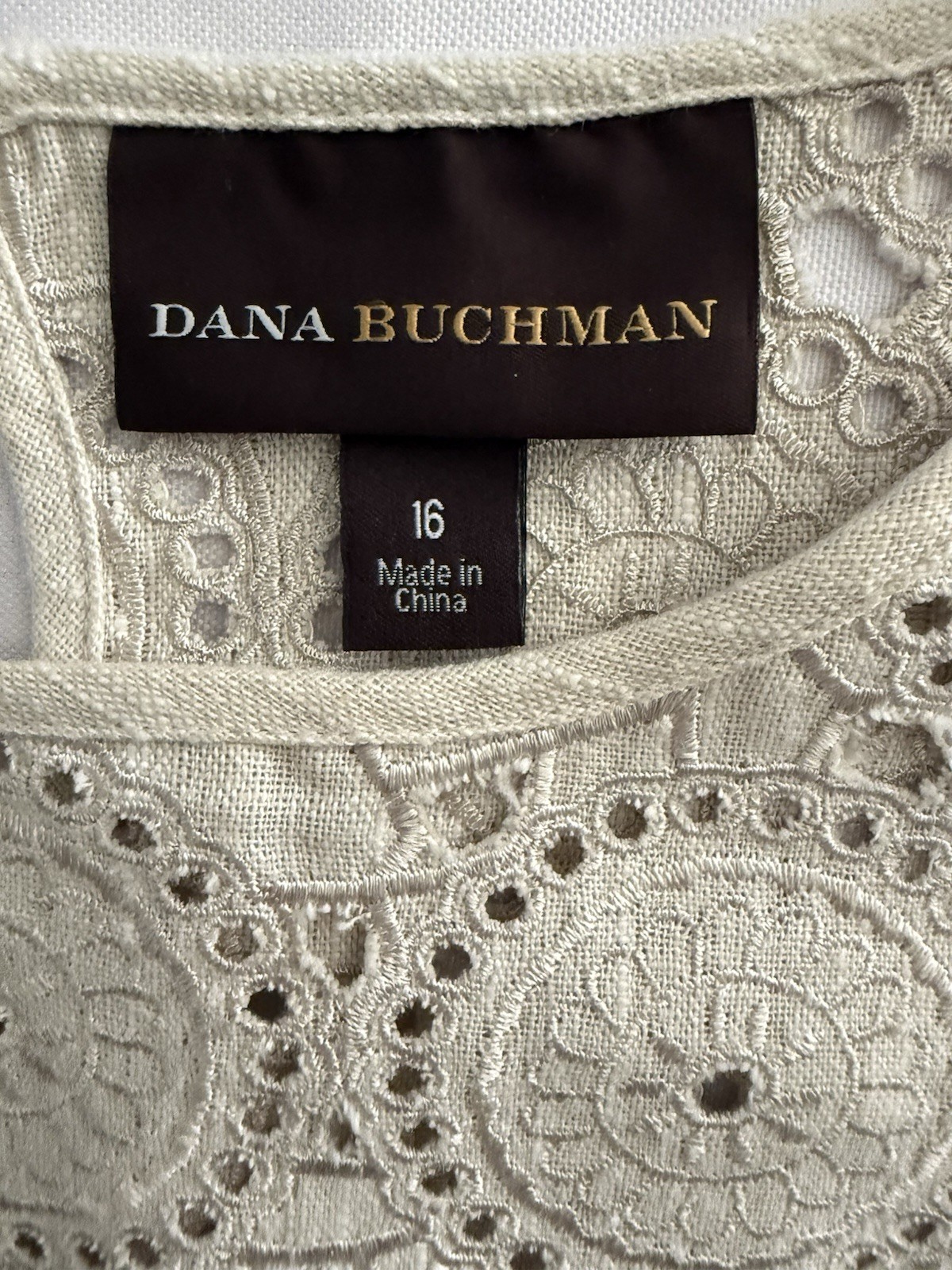 DANA BUCHMAN Cream Linen Blend Crochet Sleeveless Shift Dress Boho Coastal Sz 16