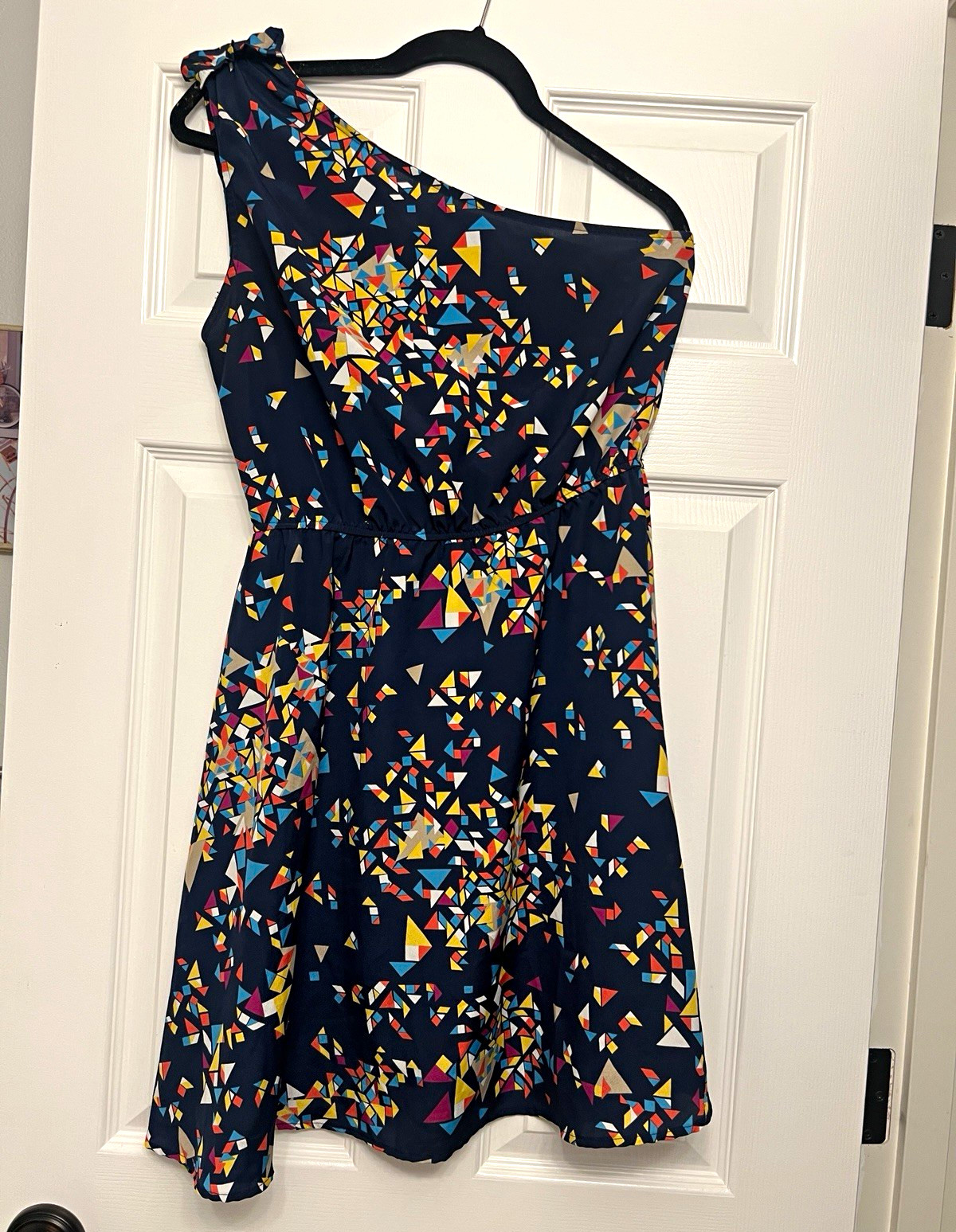 Anthropologie Needle & Thread One-Shoulder Navy Geometric Dress Size M