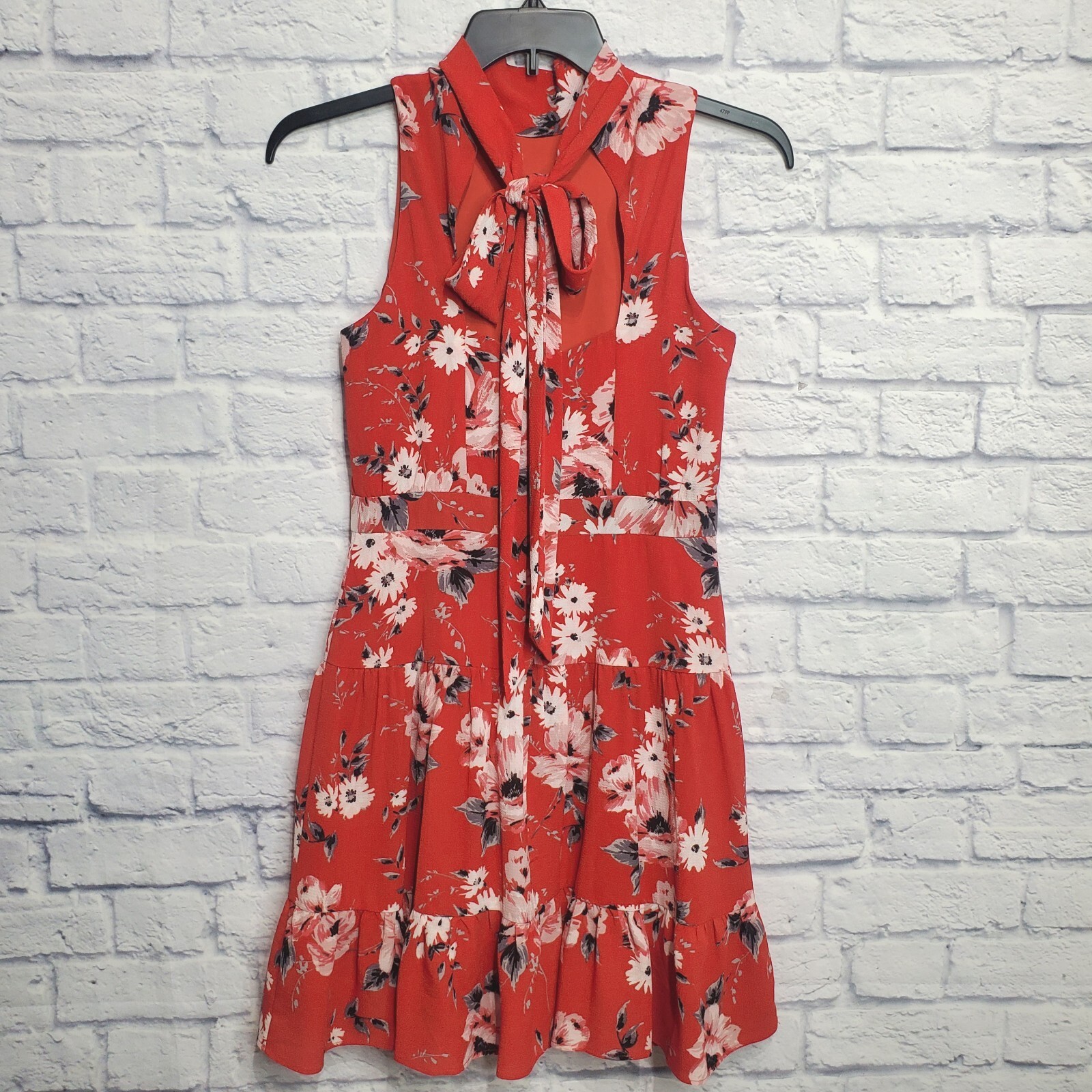 Elle Dress Womens Small Red Floral High Neck Ruffle Sleeveless Back Tie Summer