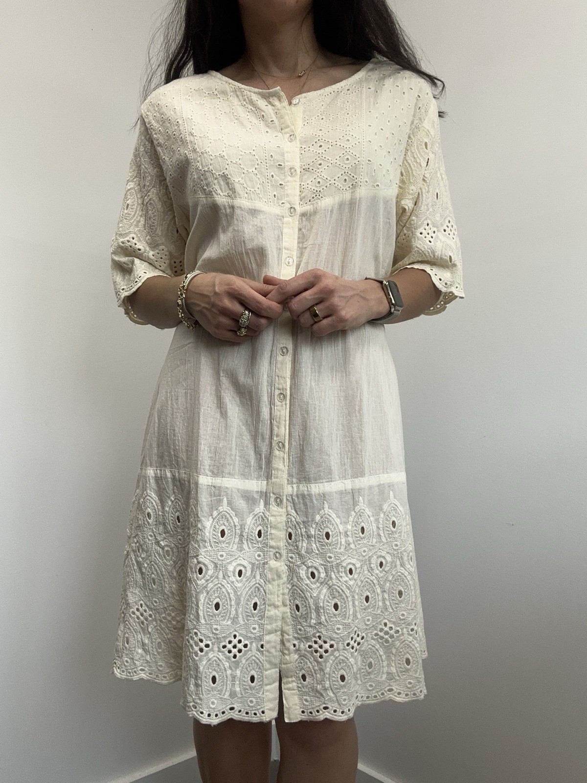 NEW Ivory Cream Eyelet Embroidered Button Front Dress Boho Cottage 100% Cotton M