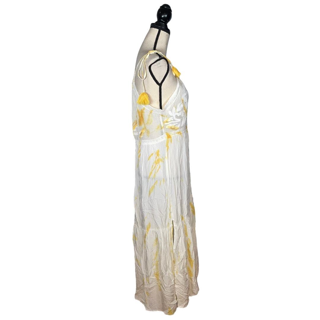 Blue Island Yellow White Tie Dye Floral Mesh Midi Dress Size: XS