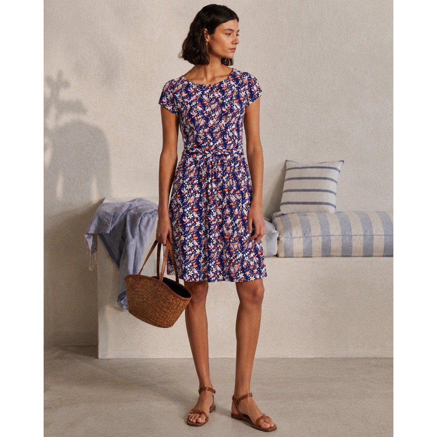 Boden Amelie Jersey Dress 10R Navy Bird Floral Fit Flare Pockets Cottagecore