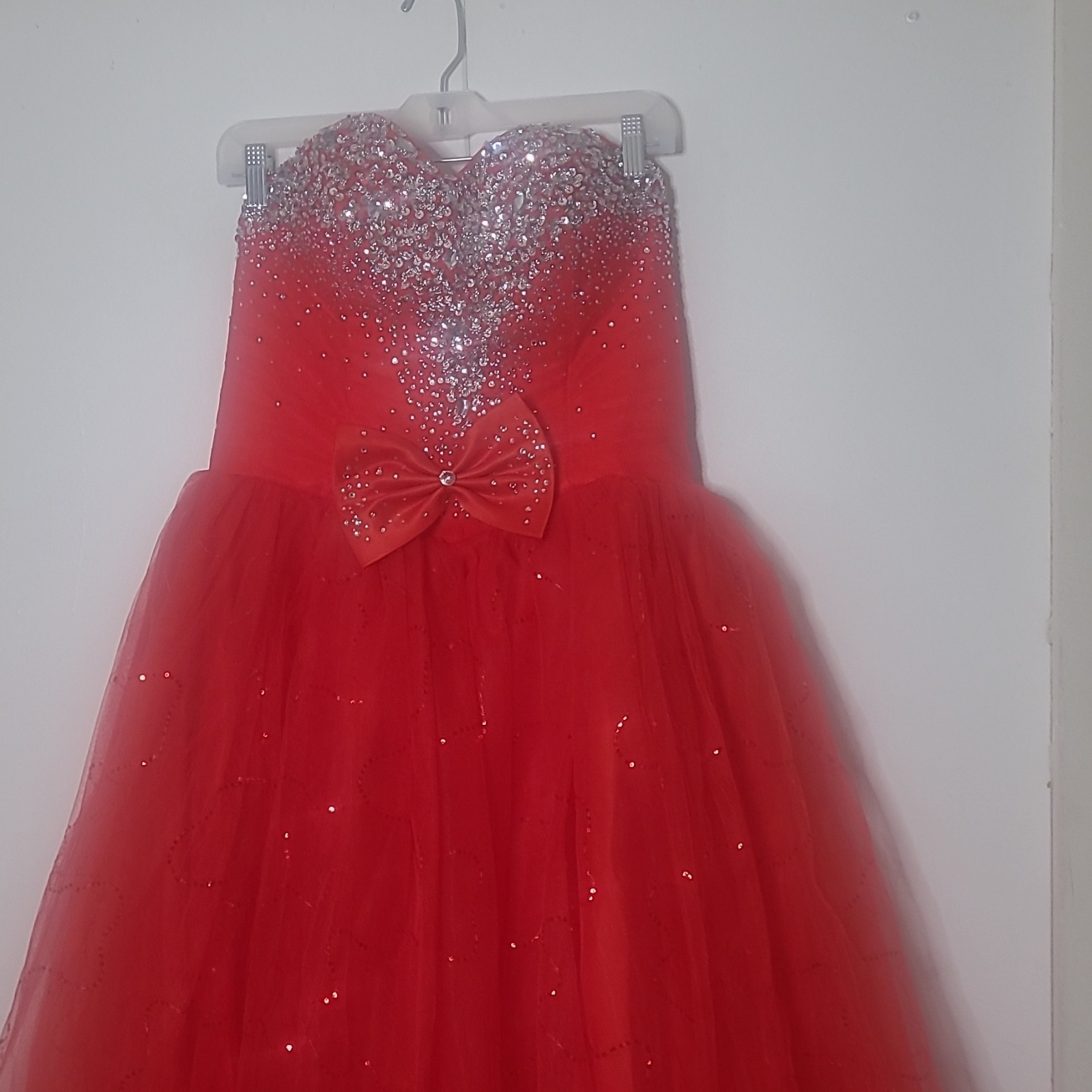 Red Strapless Sweetheart Rhinestone Bow Corset Lace-Up Tulle Long Gown XXL