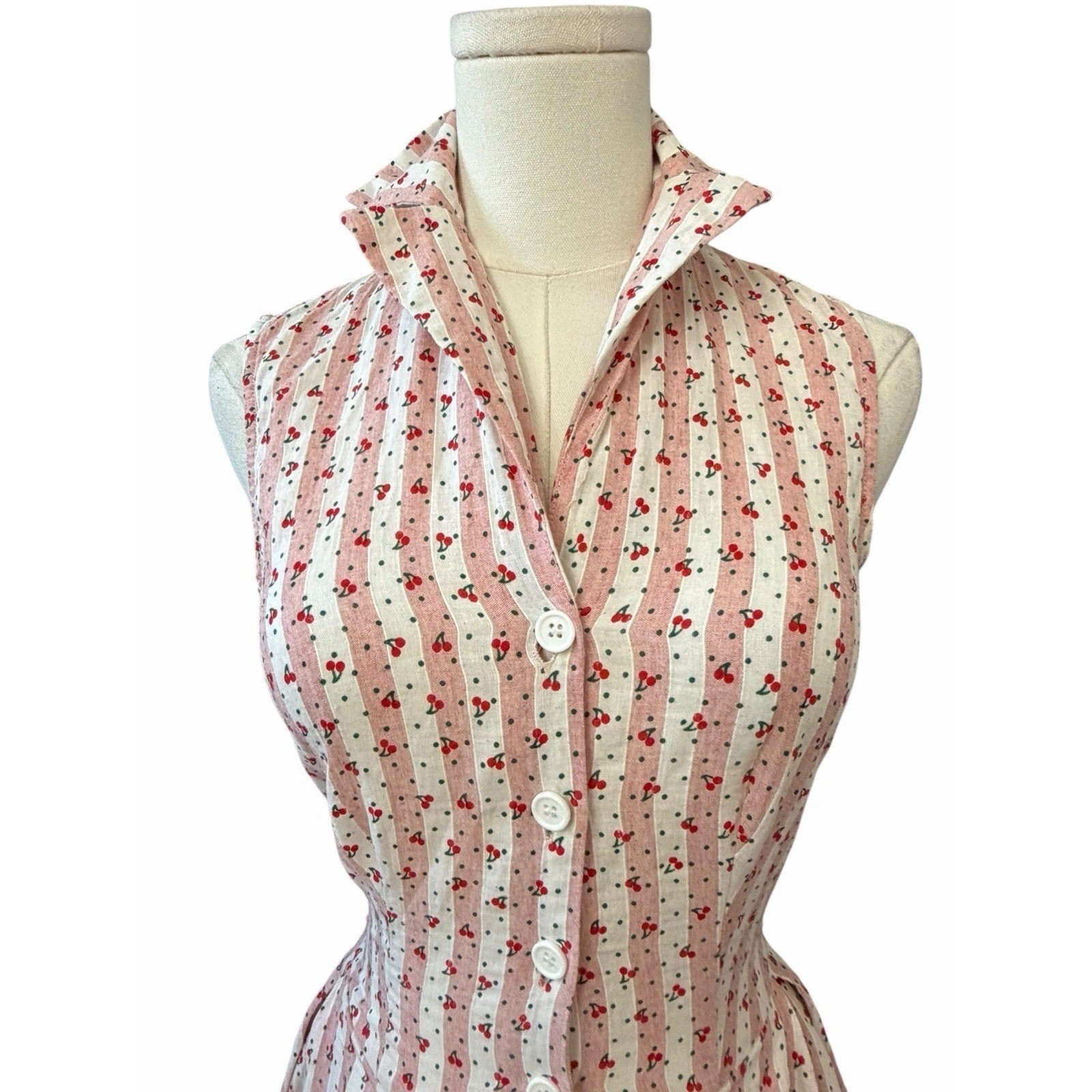 Cherry Print Shirt Swing Dress Size 4 Stripe Retro Rockabilly Unique Vintage