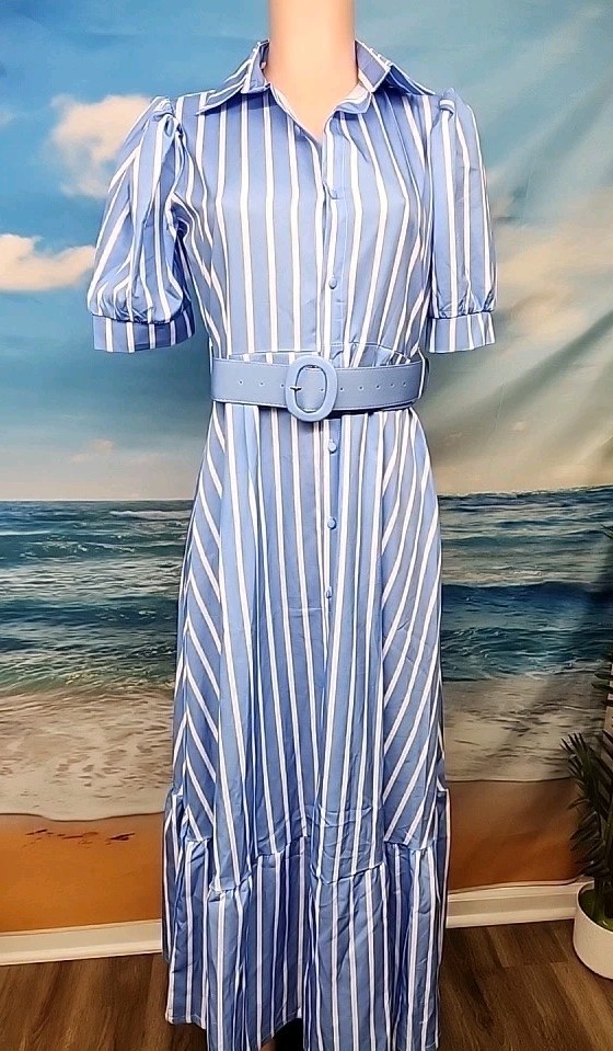Nwt Commense Women’s Fit & Flare Dress Blue Color White Stripes Size Small.