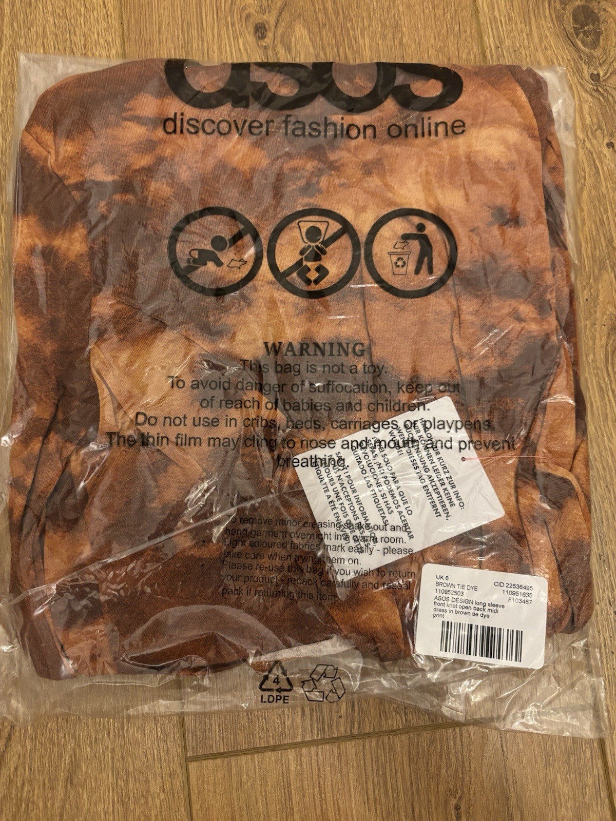 ASOS DESIGN long sleeve front knot open back midi dress brown tie dye print UK 6