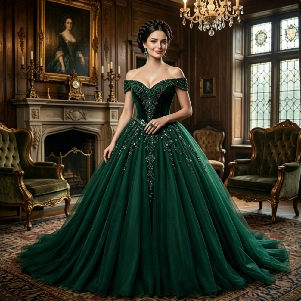 Dark Green Velvet Evening Dresses Beaded Lace Applique Off-Shoulder Bridal Gowns