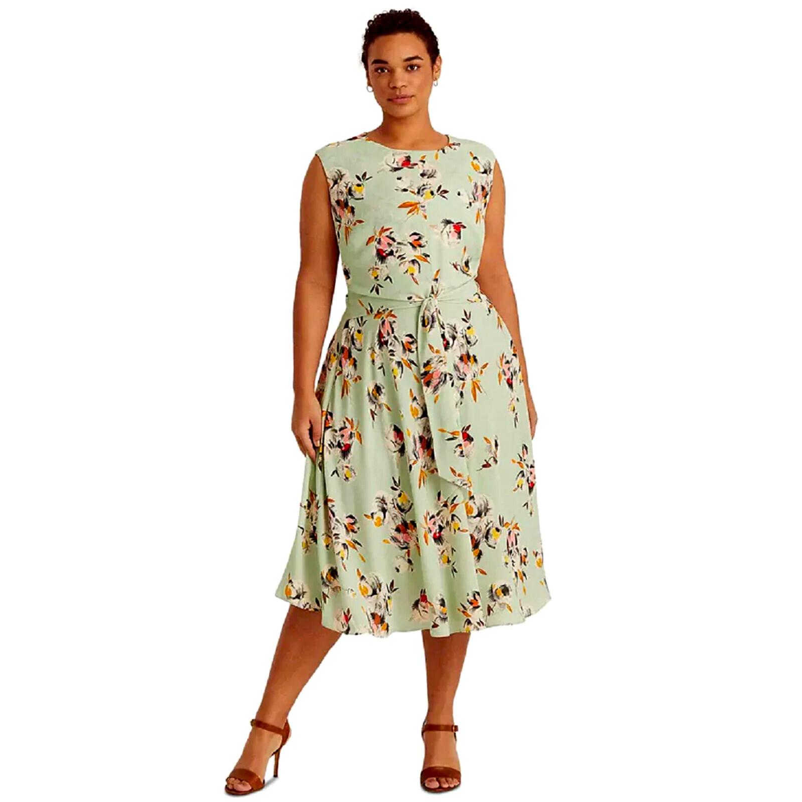 Ralph Lauren Size 22W Floral Crepe Dress Green A-Line Tie Waist Sleeveless B33