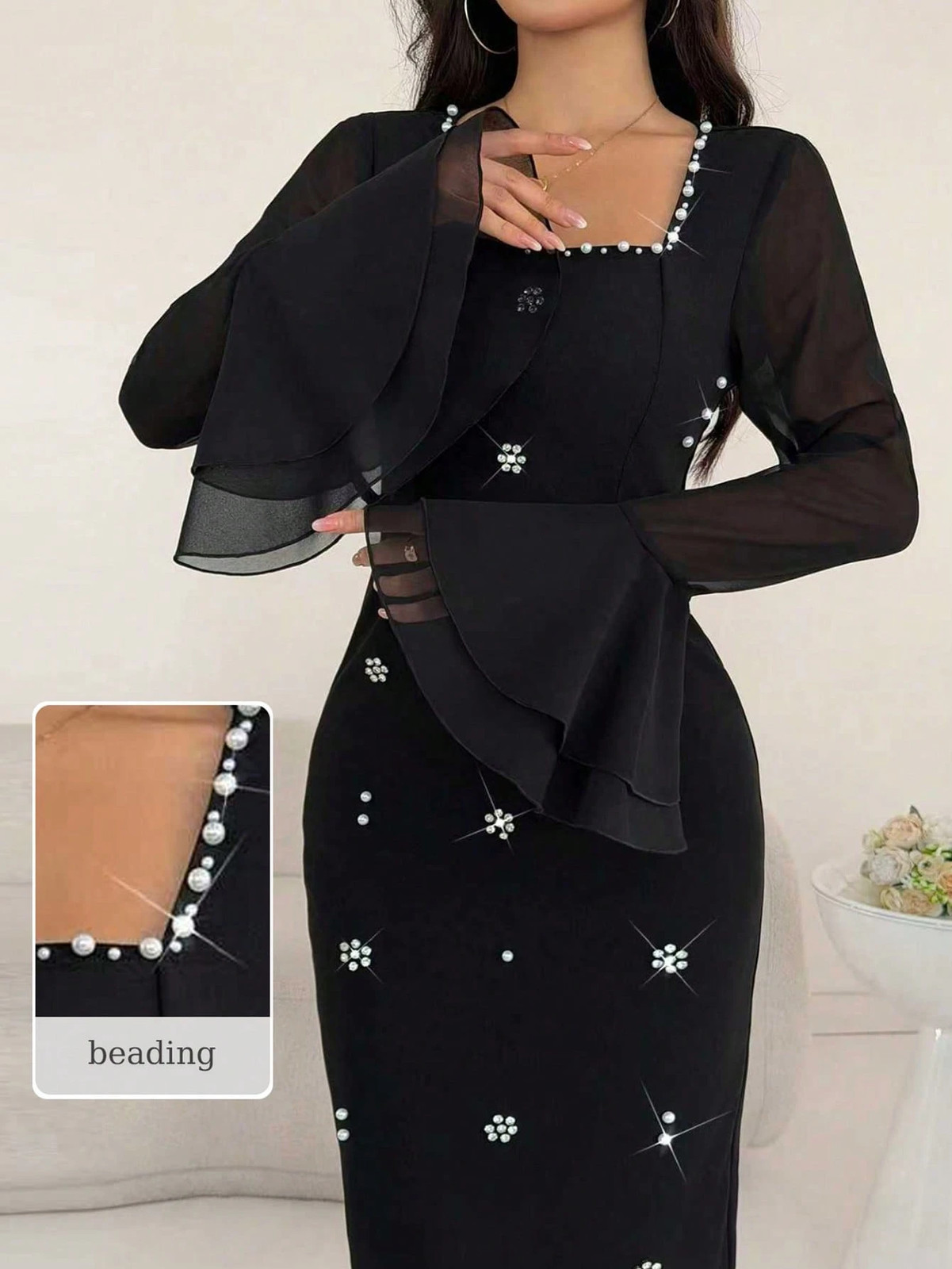 Elegant Ladies Black Chiffon Dress With Long Sleeves