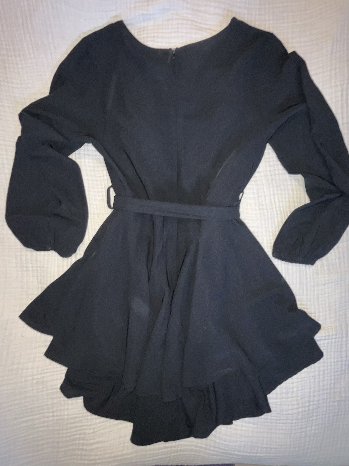 Women’s Black Solid Long Sleeve Ruffle Dress Zip Closure Size M
