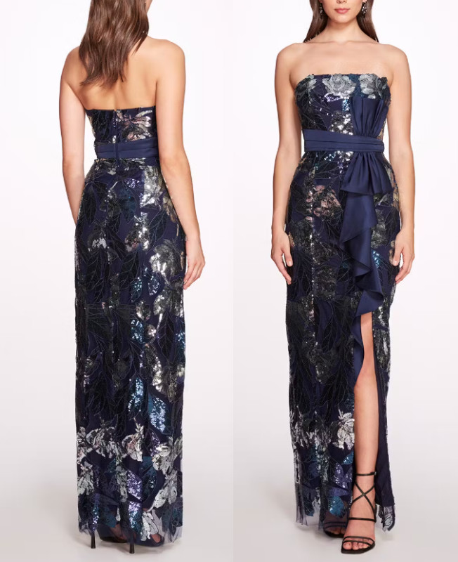 Marchesa Notte Navy & Silver Sequin Mikado Bow Gown With Deep Slit sz 6 $995