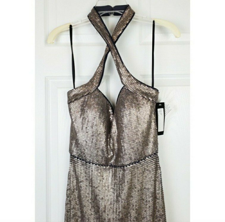 Xscape allower sequin glitter crisscross halter gown maxi dress size 4 brown NWT