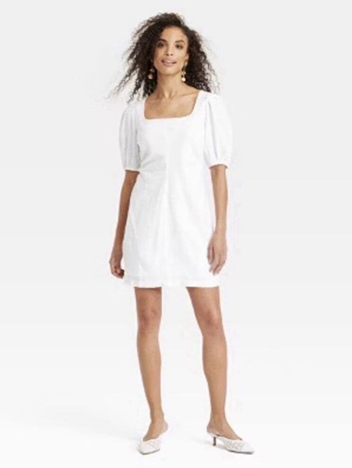 A New Day Women’s White Solid Square Neck Puff Sleeve Linen Blend Mini Dress 17