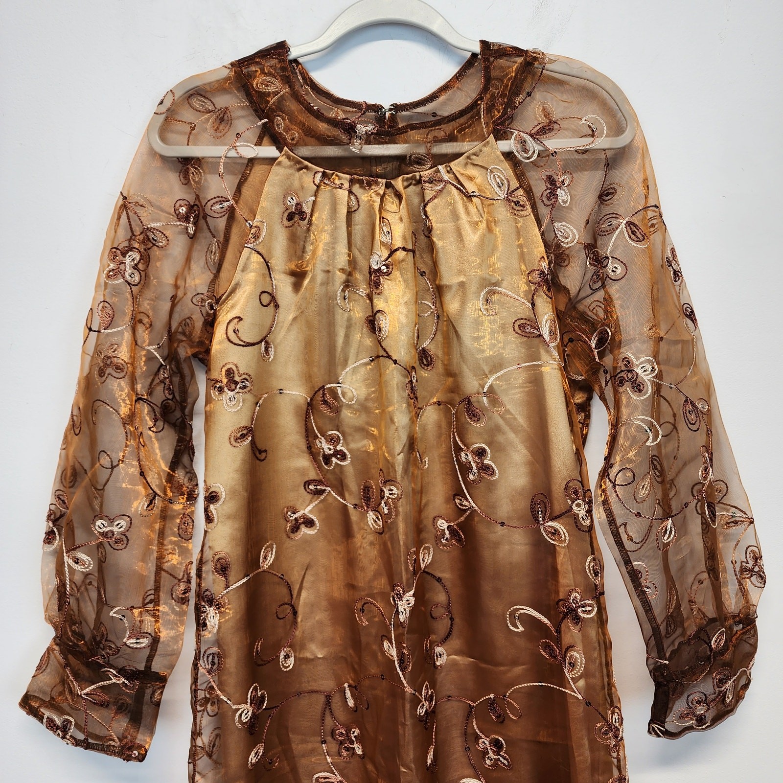 Embroidered Regency Floor Length Dress Size L Brown Damask Taffeta Sheer Whimsy