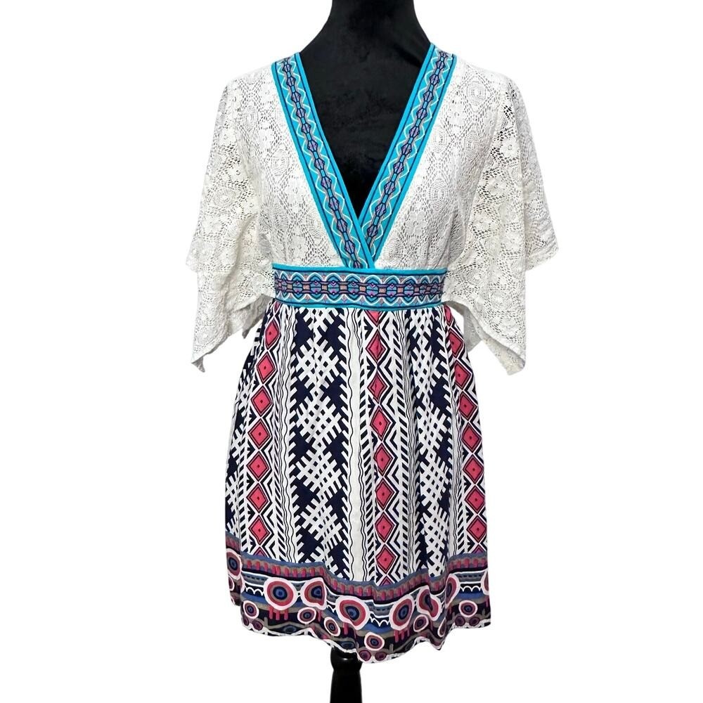 Flying Tomato Mini Dress Medium White Blue Pink Lace Boho Festival Tribal