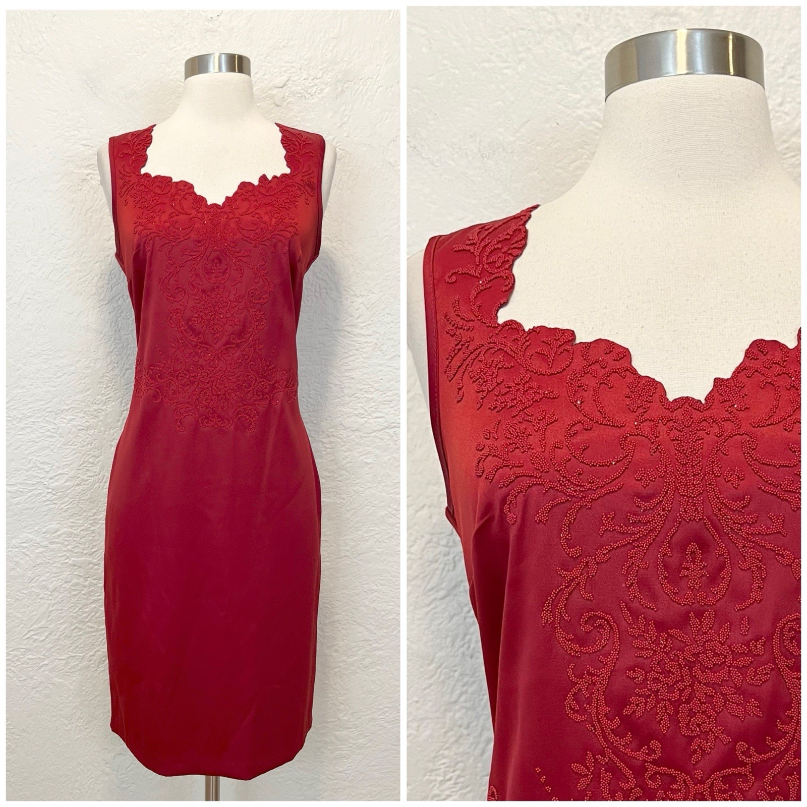 Vintage 90s Y2K Dress Sheath Red Satin Beaded Goth Gothic Retro size 6