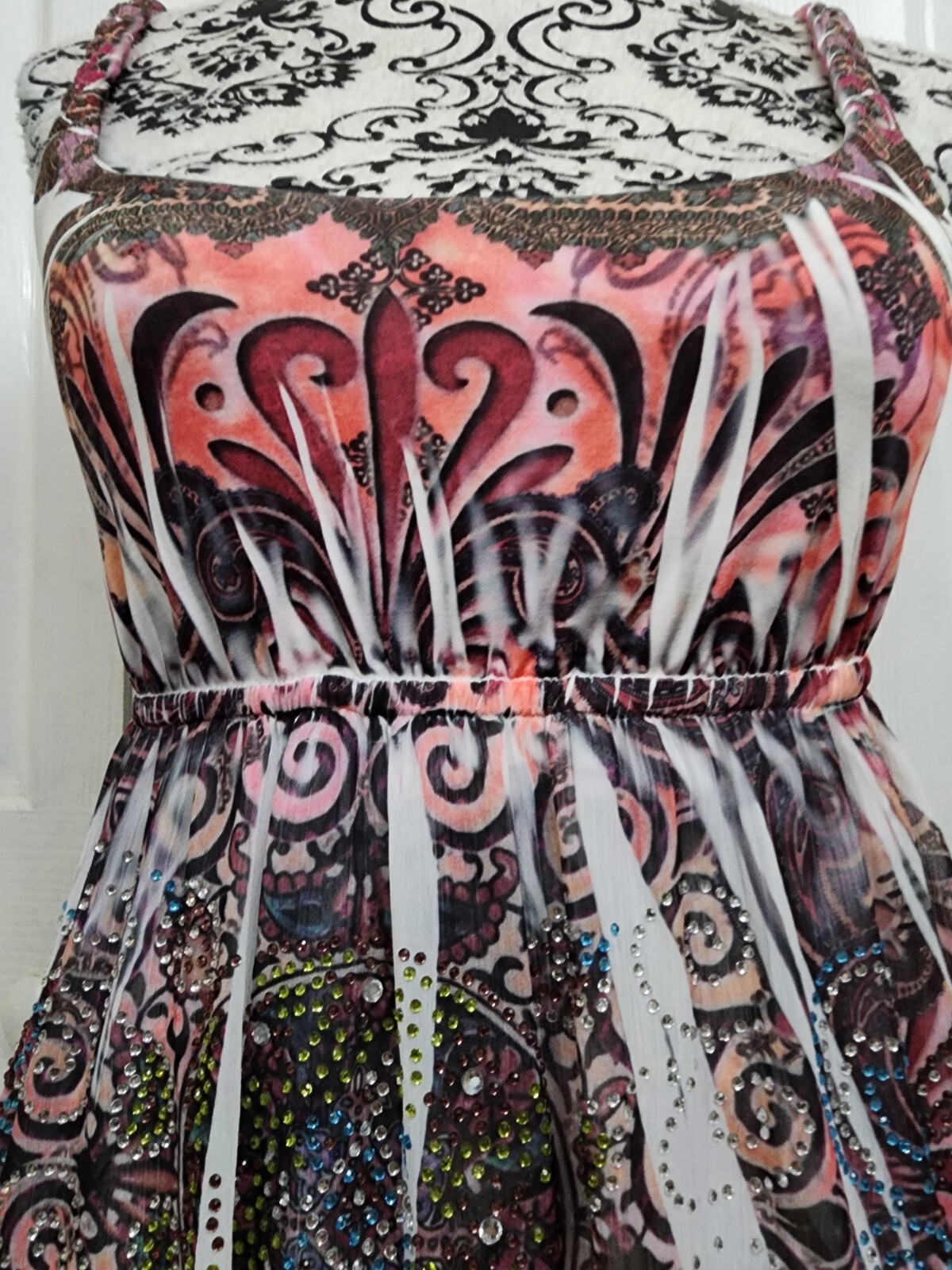 S-12 Braided Strap Asymmetrical Hem Rhinestone Empire Waist Dress Size Small